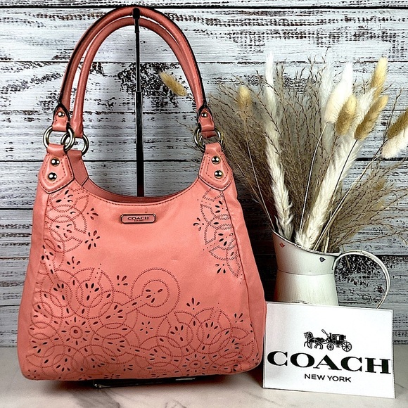 COACH #22485 VINTAGE ASHLEY TOSSED LASER CUT LEATHER SHOULDER BAG PINK CORAL HOB - Picture 1 of 16